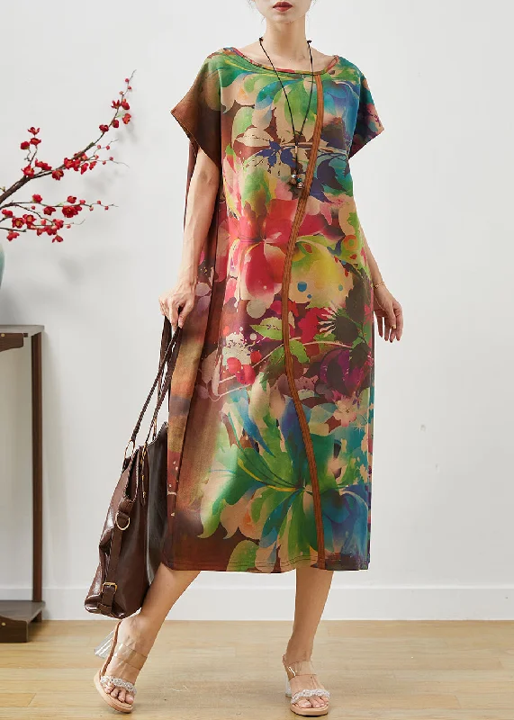 winter dressFine Brown Oversized Patchwork Print Silk Dress Summer