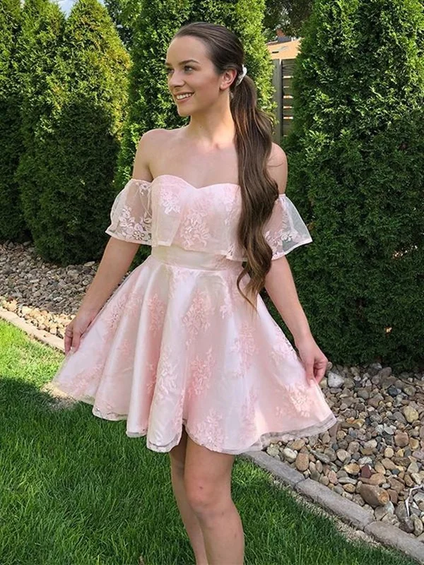 Hot Deal statement dressstatement dressOff the Shoulder Pink Lace Short Prom Dresses, Off Shoulder Pink Homecoming Dresses, Pink Lace Formal Evening Dresses SP2094