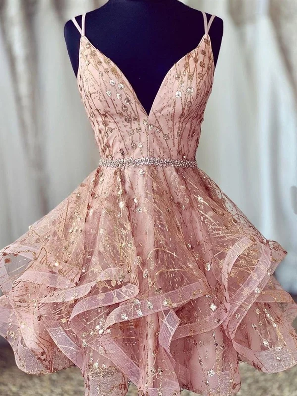 Epic Deals cocktail dresscocktail dressA Line V Neck Short Lace Prom Dresses, Cross Back Short Champagne Lace Formal Homecoming Dresses