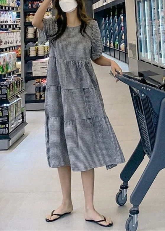 Reduced Prices winter dresswinter dressPlaid Knotted Ruffle Round Neck Short Sleeve Casual Maxi Dress