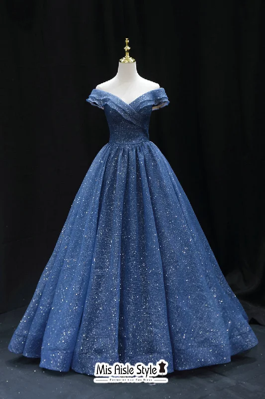 textured dressBall Gown Off Shoulder Sleeve Navy Blue Sparkle Prom Dress