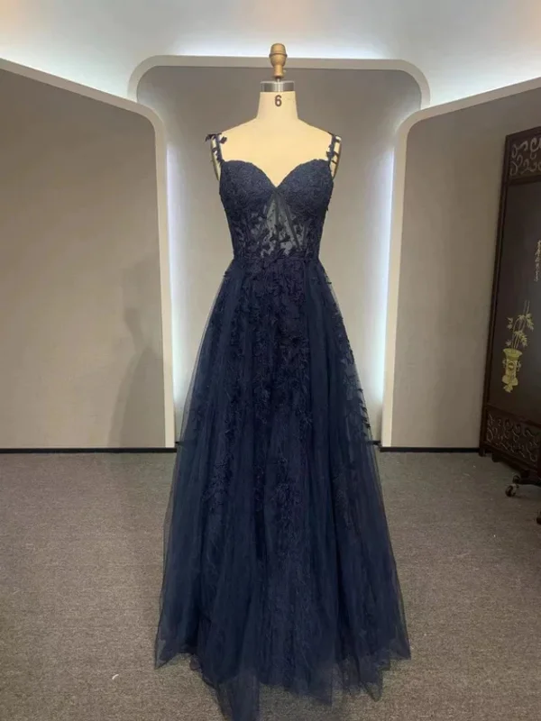 Exclusive Offers cocktail party dresscocktail party dressA Line V Neck Navy Blue Lace Long Prom Dresses, Navy Blue Lace Formal Dresses, Long Navy Blue Evening Dresses SP2908