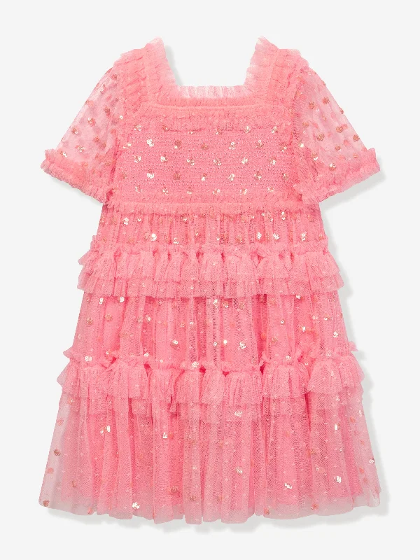 sleek midi dressNeedle & Thread Girls Polka Dot Smocked Dress in Pink