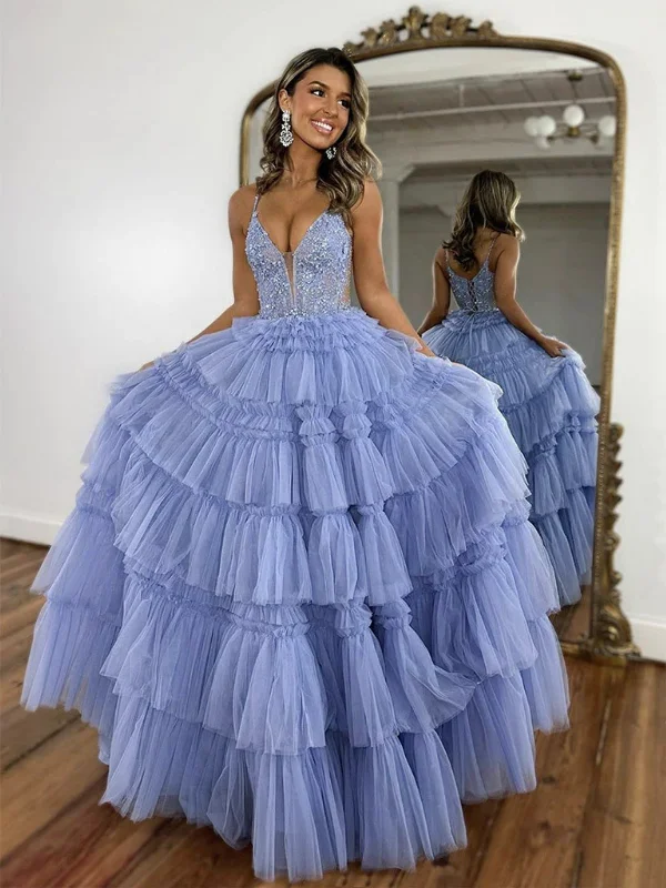 Weekend Deal flowy dressflowy dressV Neck Layered Tulle Blue Lace Long Prom Dresses, Blue Lace Formal Dresses, Blue Evening Dresses SP2879