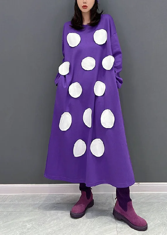 boho dressModern Purple Oversized Dot Applique Cotton Pullover Sweatshirt Dresses Fall