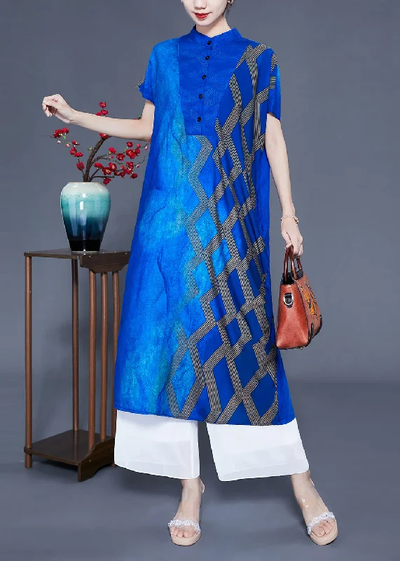 Weekend Special casual evening dresscasual evening dressFitted Blue Stand Collar Tie Dye Silk Maxi Dresses Summer