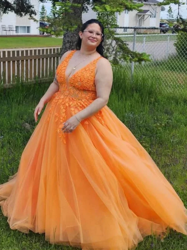 Price Cut casual slip dresscasual slip dressPlus Size V Neck Orange Lace Long Prom Dresses, Orange Lace Formal Graduation Evening Dresses SP3107