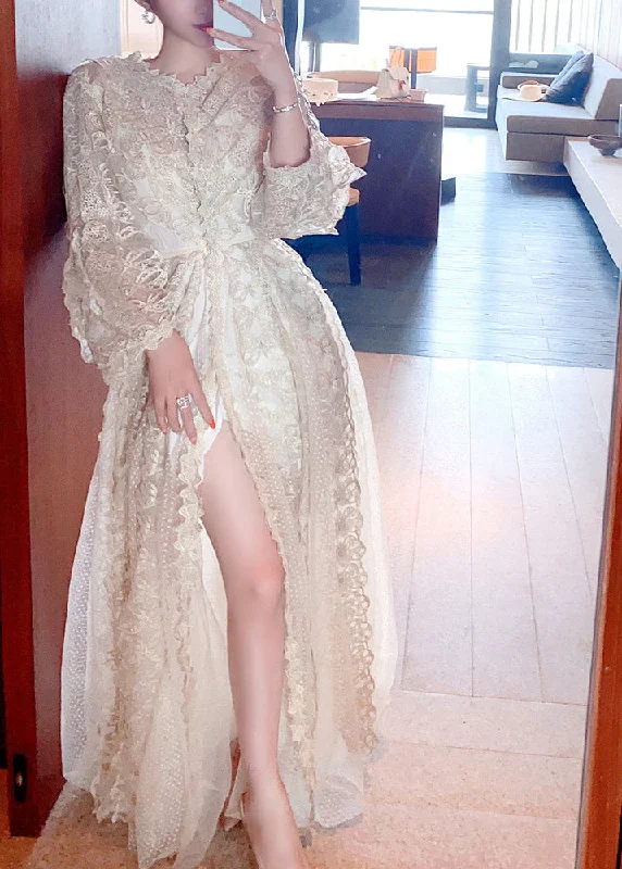 Weekend Special chic slip dresschic slip dressSlim Fit Apricot Embroideried Bow Lace Maxi Dress Long Sleeve