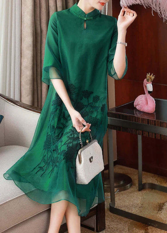 v-neck dressElegant Green Stand Collar Embroideried Floral Button Tulle Long Dresses Half Sleeve