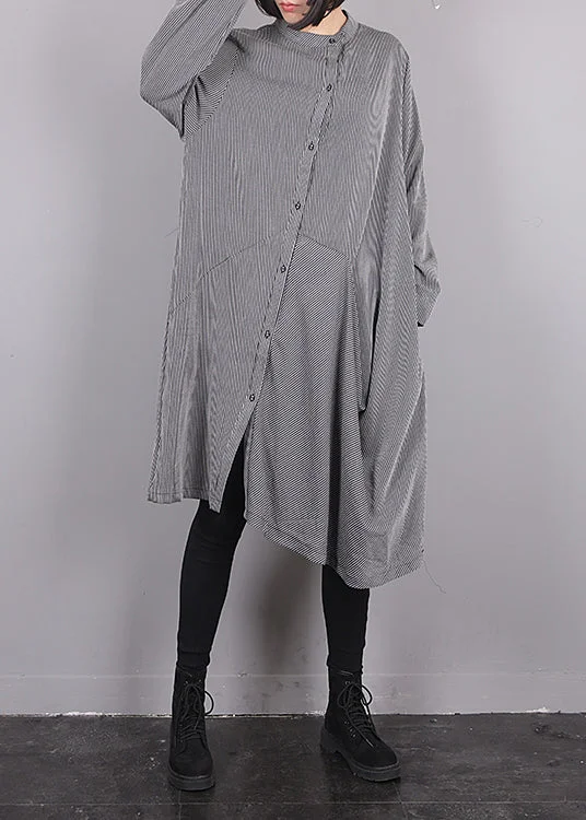 flowy evening dressPlus Size Grey O-Neck Asymmetrical Striped Button Maxi Dress Fall