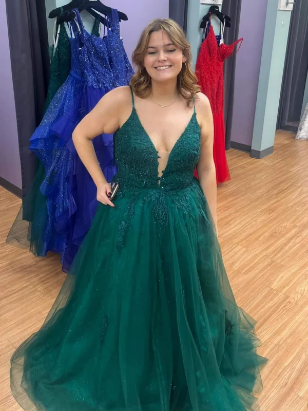 Limited Time Discount A-line dressA-line dressA Line V Neck Green Lace Long Prom Dresses, Green Lace Formal Graduation Evening Dresses SP3097