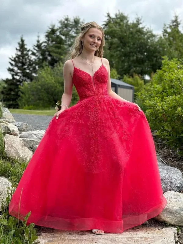 Friends and Family Sale boho dressboho dressA Line V Neck Red Lace Long Prom Dresses, Red Lace Formal Dresses, Red Evening Dresses SP3099