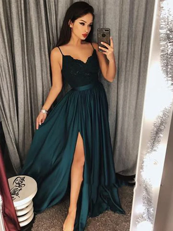Price Reduction chic slip dresschic slip dressA Line Sweetheart Neck Dark Green Lace Prom Dress, Dark Green Formal Dress