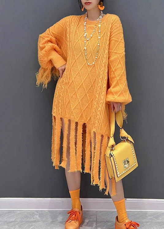 Unmissable Offer casual evening dresscasual evening dressChic Yellow O-Neck Tassel Knit Long Dresses Fall