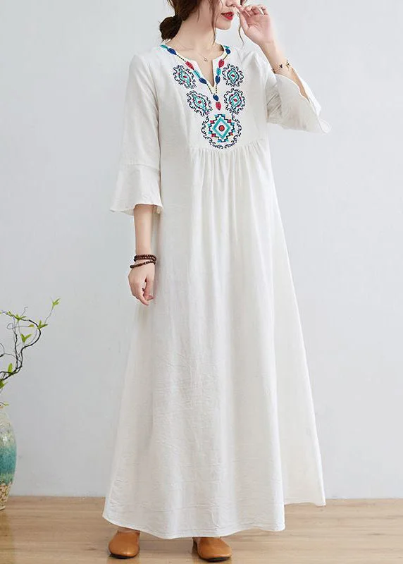 Can't Miss pleated dresspleated dressBoho White V Neck Embroideried Cotton A Line Dress Bracelet Sleeve