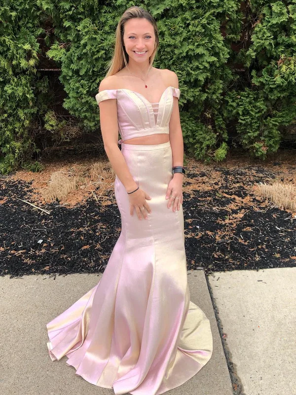 Hot Deal chic wrap dresschic wrap dressMermaid Off Shoulder Two Pieces Pink Long Prom Dresses, Mermaid Pink Formal Dresses, 2 Piece Pink Evening Dress SP2248