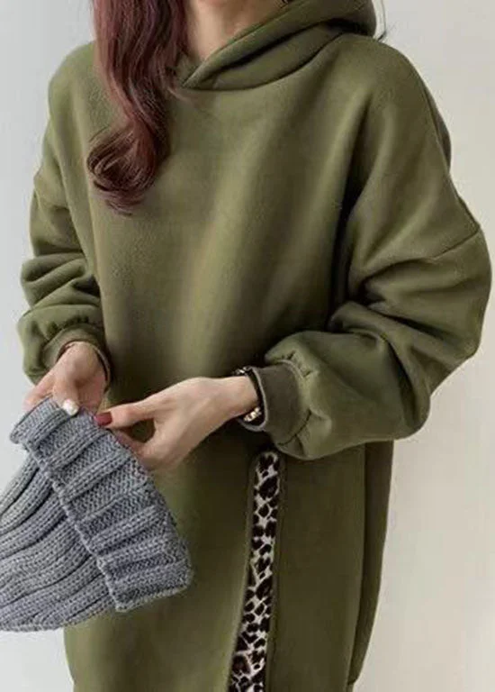 Midnight Madness oversized dressoversized dressLoose Green Hooded Patchwork Leopard False Two Pieces Warm Fleece Dress Long Sleeve