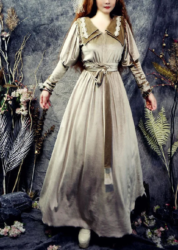 Steals and Deals summer floral dresssummer floral dressDiy Khaki Double-Layer Tie Waist Silk Velour Long Dresses Spring
