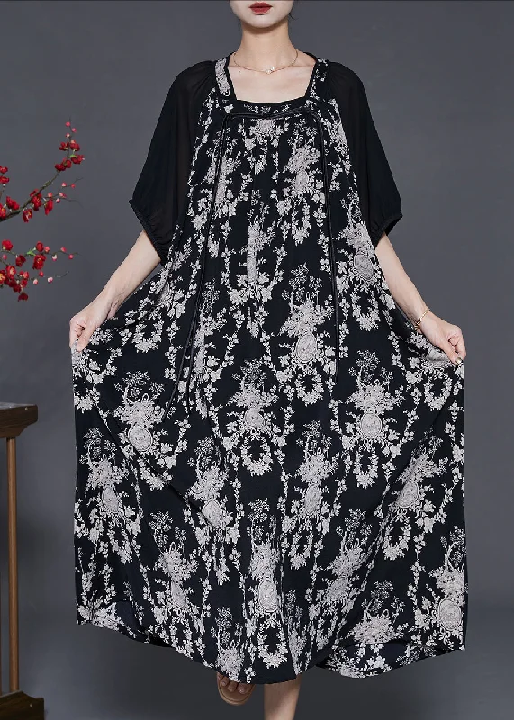 tiered dressFashion Black Tasseled Print Chiffon Holiday Dress Summer