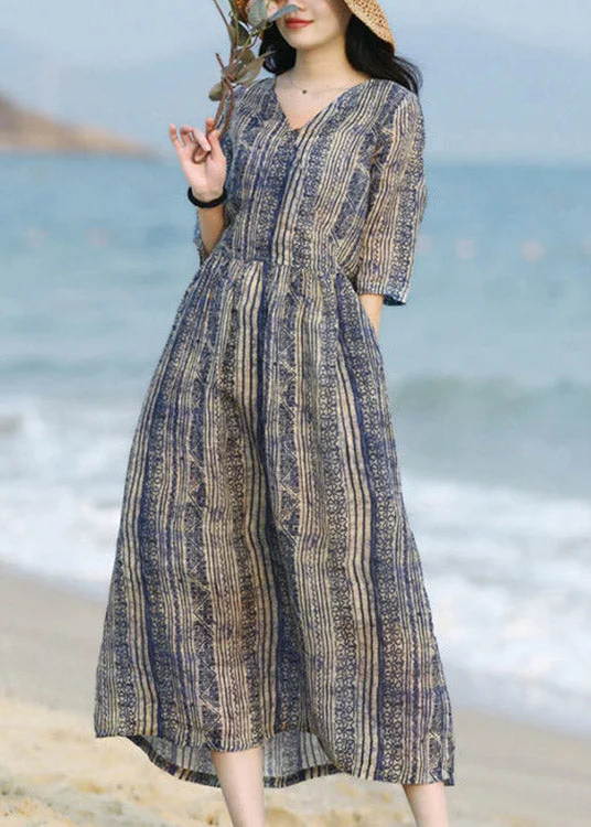 Can't Miss party-ready dressparty-ready dressChic Blue V Neck Striped Patchwork Pockets Linen Dresses Short Sleeve