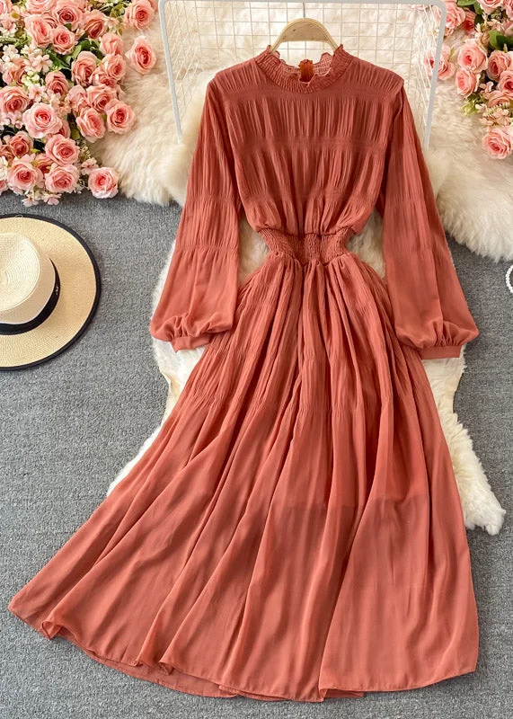Clearance Sale cocktail party dresscocktail party dressVogue Orange Stand Collar Ruffled Tunic Chiffon Long Dresses Long Sleeve