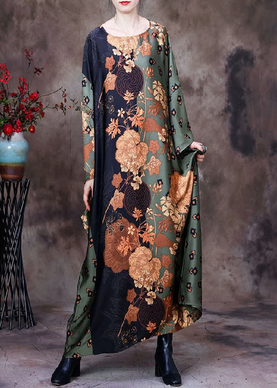 off-the-shoulder dressStyle Green O-Neck Oversized Print Silk Vacation Dresses Batwing Sleeve