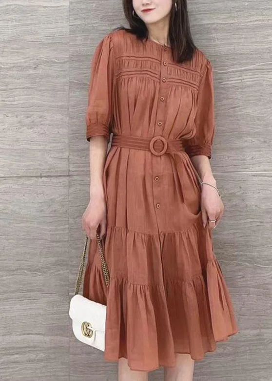 Special Price floral wrap dressfloral wrap dressSolid Color Stand Collar Puff Sleeve Belted Pleated Shirt Maxi Dress Orange