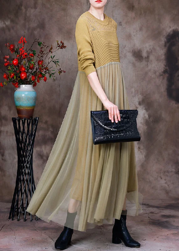 casual midi dressStylish Yellow O-Neck Tulle Patchwork Knit Dress Long Sleeve