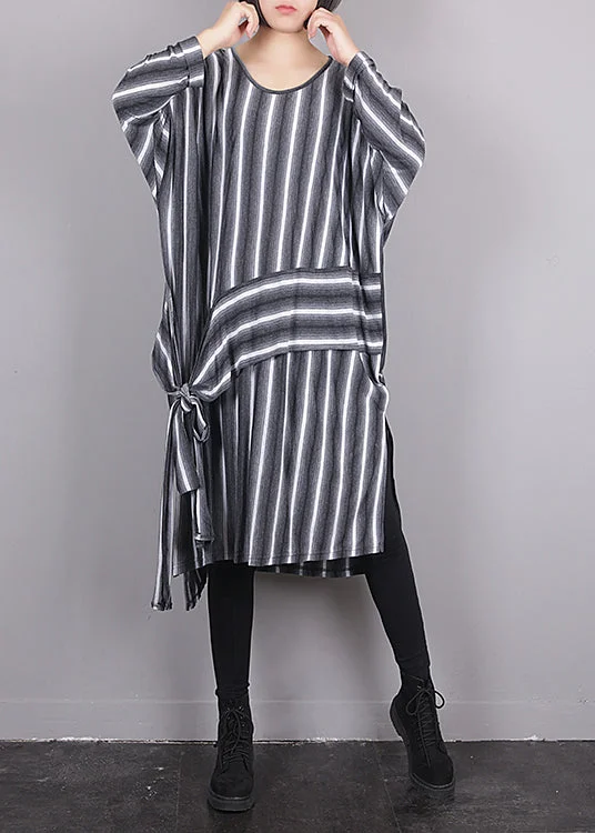 minimalistic dressPlus Size Grey O-Neck Asymmetrical Striped Side Open Tie Waist Maxi Dress Fall