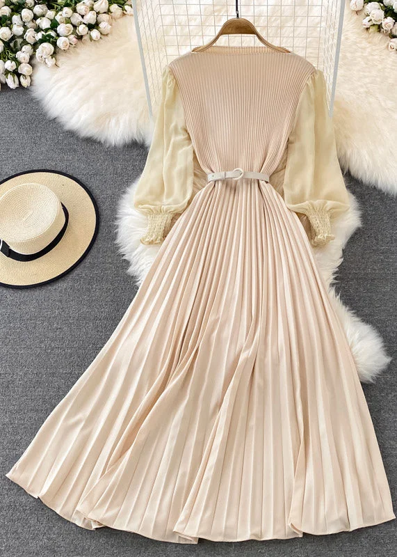 Don't Wait lace dresslace dressApricot O-Neck Chiffon Sashes Long Pleated Dress Long Sleeve