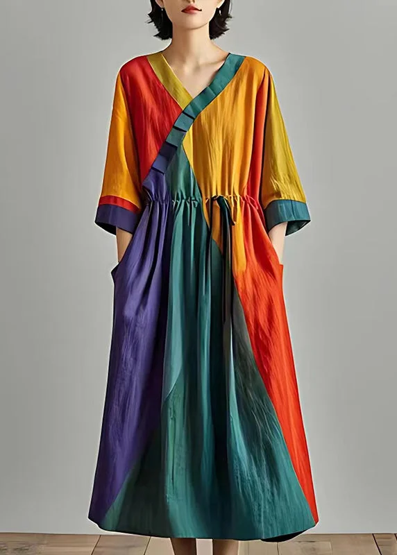 cocktail dressStylish Colorblock Cinched Patchwork Cotton Long Dress Summer