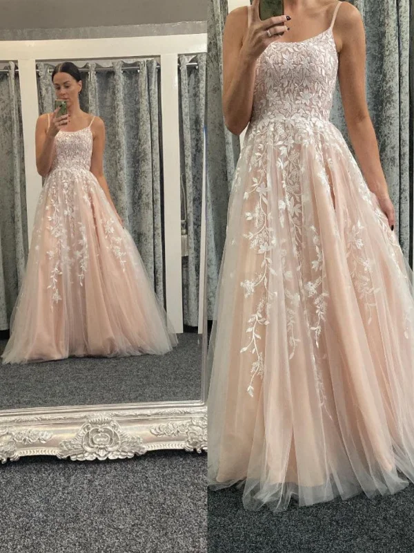 Special Savings mini dressmini dressA Line Spaghetti Straps Champagne Lace Long Prom Dresses, Champagne Lace Formal Graduation Evening Dresses SP3004