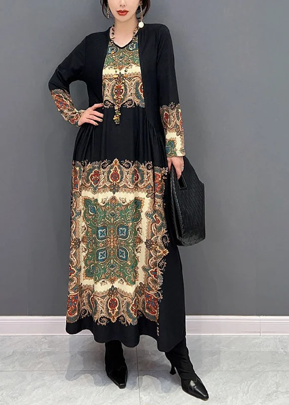 Discount Mania floral midi dressfloral midi dressBoho Black O Neck Wrinkled Print Silk Dresses Spring