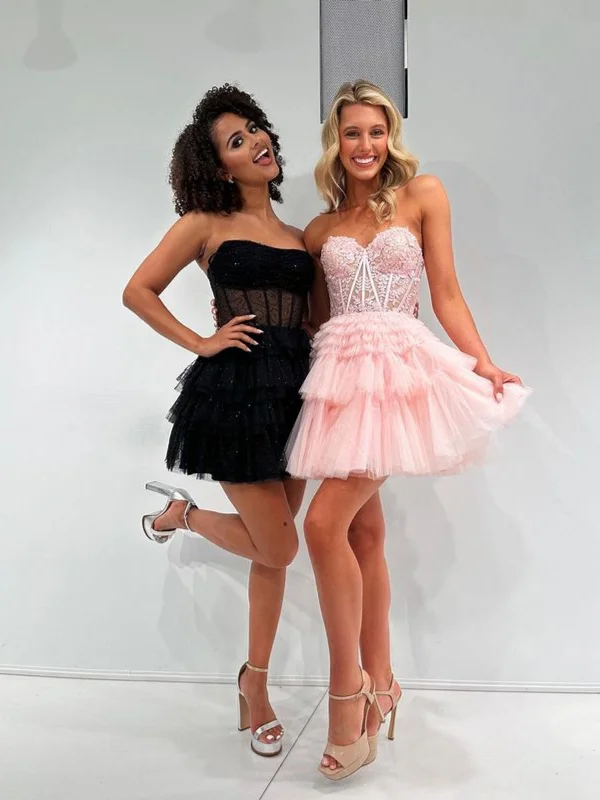 Special Offer mini dressmini dressStrapless Sweetheart Neck Layered Pink Lace Prom Dresses, Pink Lace Homecoming Dresses, Short Pink Formal Evening Dresses SP3031