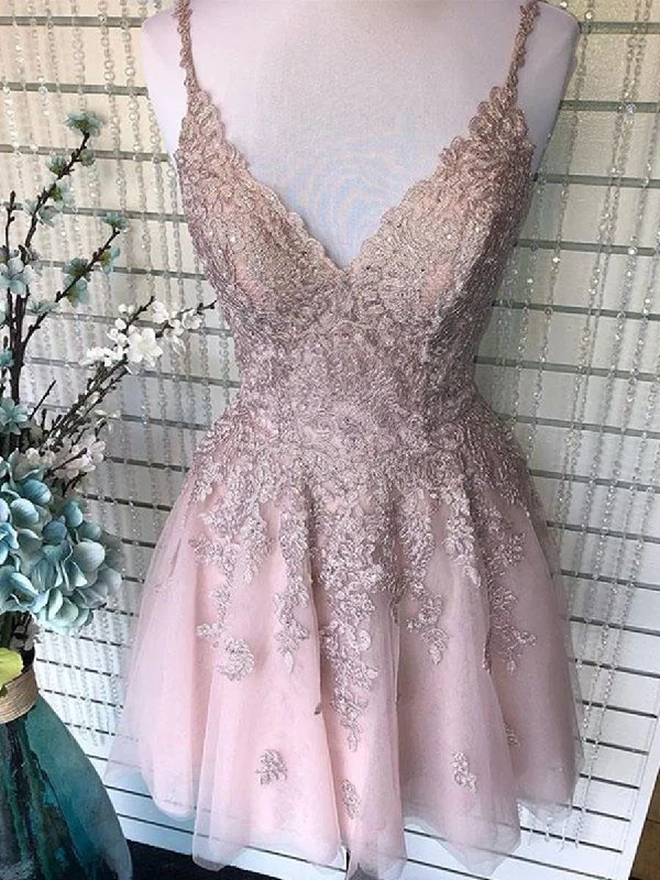 Stock Clearance denim dressdenim dressCute A Line V Neck Backless Short Pink Lace Prom Dresses, Backless Pink Lace Formal Graduation Homecoming Dresses