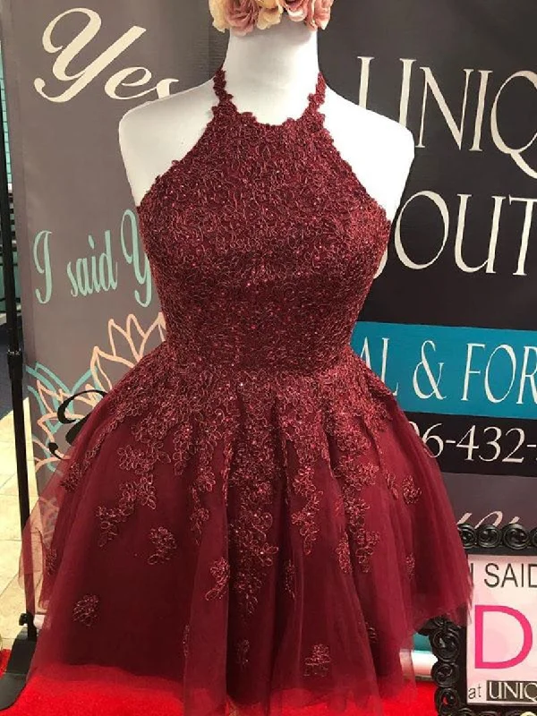 Lowest Price cocktail dresscocktail dressHalter Neck Backless Short Burgundy Lace Prom Dresses, Burgundy Lace Formal Graduation Homecoming Dresses