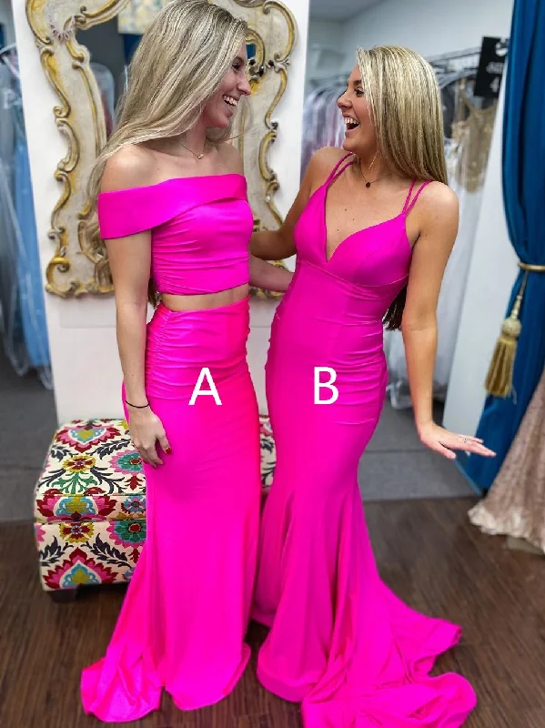 Huge Savings midi dressmidi dressV Neck Off Shoulder Two Pieces Mermaid Long Hot Pink Prom Dresses, Off Shoulder Mermaid Hot Pink Formal Dresses, 2 Pieces Mermaid Hot Pink Evening Dresses