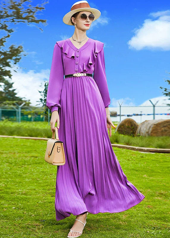 minimalistic dressElegant Purple V Neck Patchwork Ruffles Chiffon Pleated Dress Spring