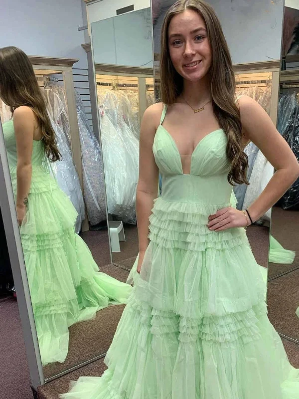 Huge Discounts flowy dressflowy dressV Neck Open Back Green Layered Long Prom Dresses, V Neck Green Formal Dress, Green Evening Dress SP2840