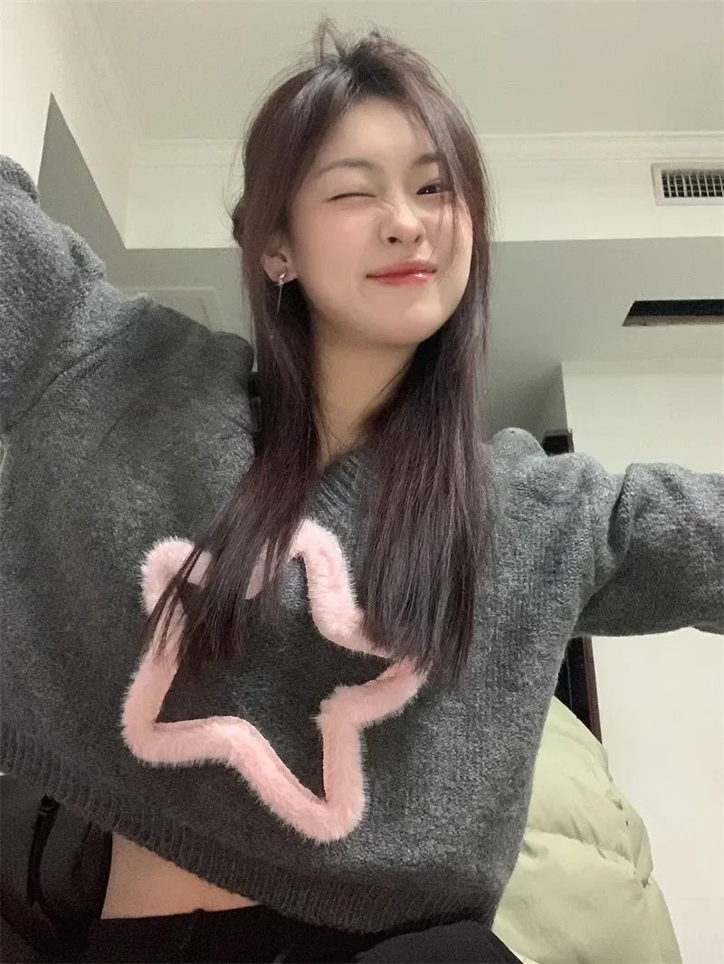 Crazy Deals Lunivop Pink Sweet Star Pullovers Women V Neck Short Sweaters Long Sleeve Knitted Harajuku Preppy Style Y2k Loose Sueter Mujer Korean