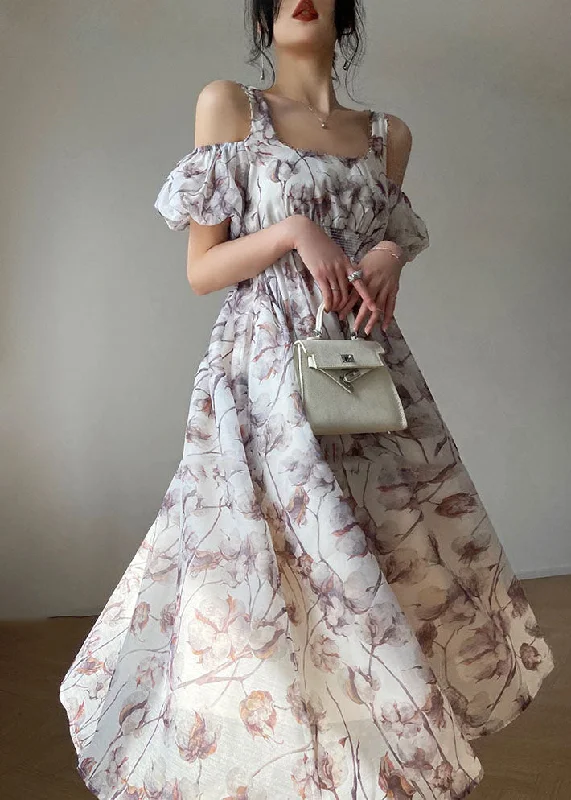Deal Zone trendy dresstrendy dressBohemian White Elastic Waist Cold Shoulder Print Silk Strap Dresses Puff Sleeve Deal Zone trendy dresstrendy dressBohemian White Elastic Waist Cold Shoulder Print Silk Strap Dresses Puff Sleeve