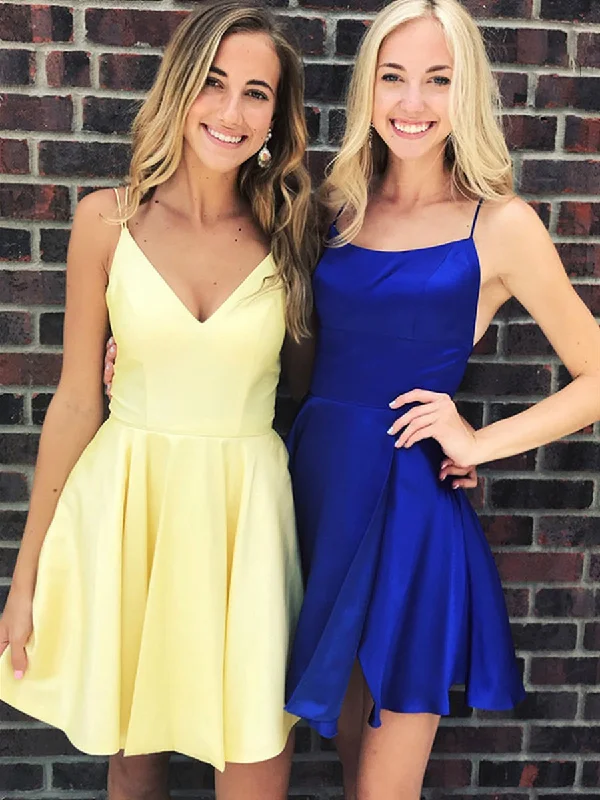 Shop and Save textured dresstextured dressA Line V Neck Backless Yellow/Royal Blue Short Prom Dresses Homecoming Dresses, Backless Royal Blue/Yellow Formal Graduation Evening Dresses