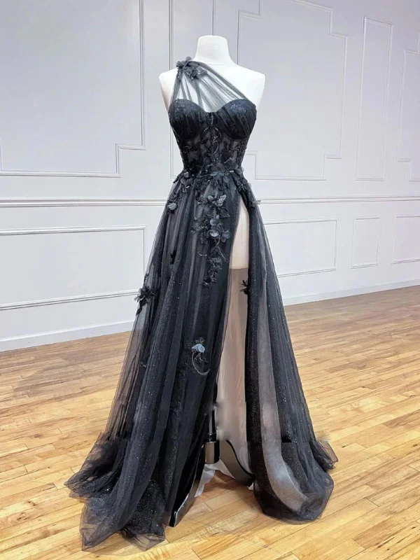 Special Offer one-shoulder dressone-shoulder dressOne Shoulder Black Lace Floral Long Prom Dresses with High Slit, Black Lace Formal Graduation Evening Dresses SP2509