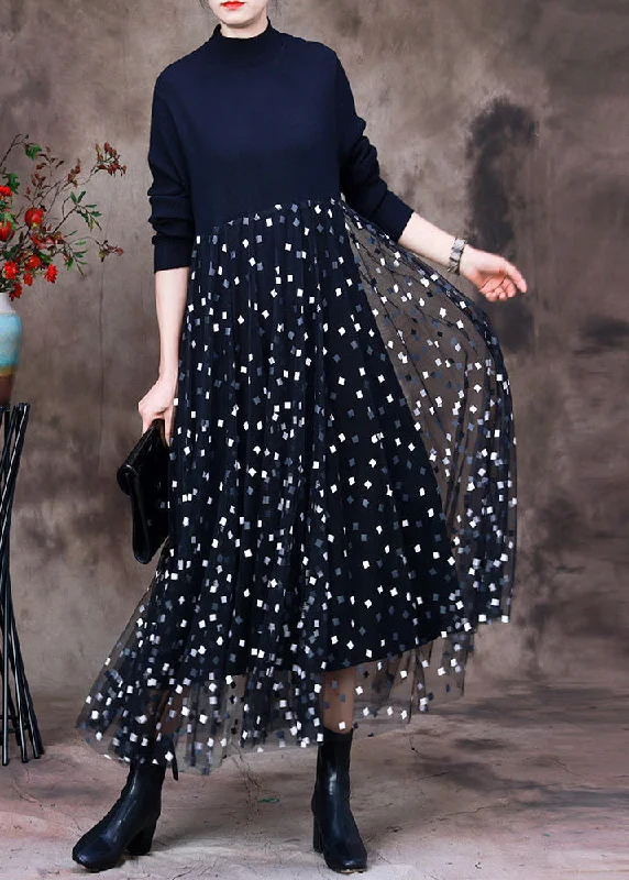 vintage-inspired dressDIY Black O-Neck Knit Patchwork Tulle Maxi Dress Long Sleeve