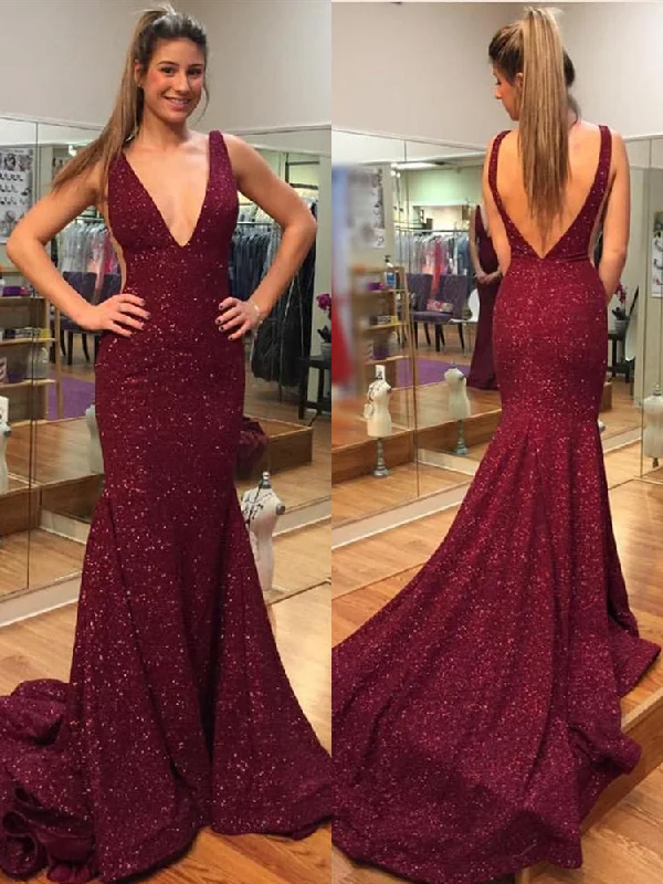 Today's Special off-shoulder dressoff-shoulder dressElegant Burgundy V Neck Mermaid Backless Sequins Long Prom Dresses with Sweep Train, Mermaid Burgundy Formal Dresses, Evening Dresses