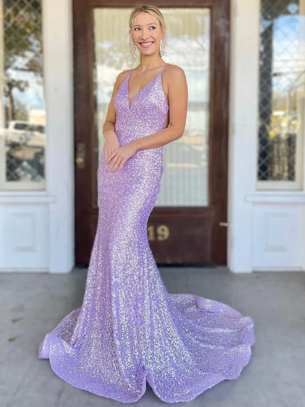 Blowout Deals fitted cocktail dressfitted cocktail dressShiny Sequins V Neck Backless Mermaid Lilac Long Prom Dresses, Mermaid Purple Formal Dresses, Lavender Evening Dresses SP2294