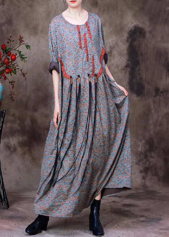 bohemian dressStyle O-Neck Print Wrinkled Silk Ankle Dress Long Sleeve