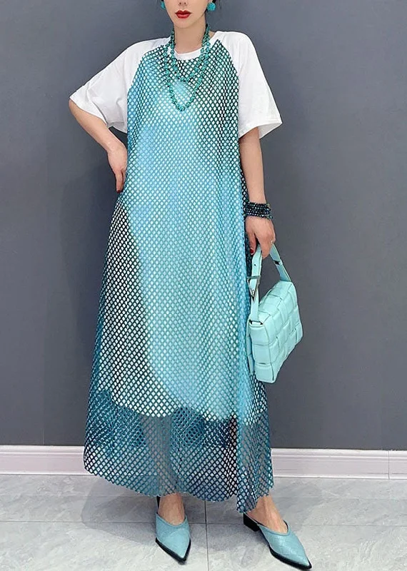 Price Drop Alert spaghetti strap dressspaghetti strap dressModern Blue O Neck Patchwork Sheer Mesh Cotton Dress Short Sleeve