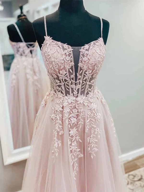 Savings Event boho-chic dressboho-chic dressA Line V Neck Pink Tulle Lace Long Prom Dresses, Open Back Pink Formal Dresses, Pink Lace Evening Dresses SP2277