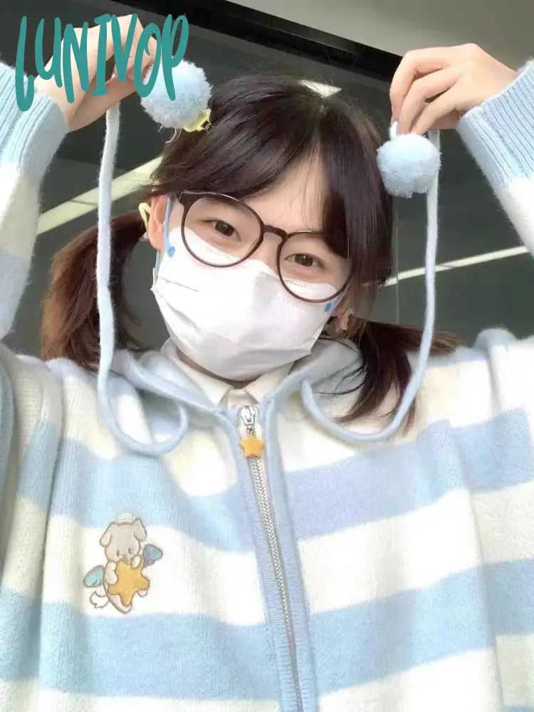 Don't Wait Lunivop Kawaii Hooded Knitted Cardigan Women Sweet Cute Harajuku Zip Up Striped Sweater Cartoon Embroidery Casual Tops Autumn